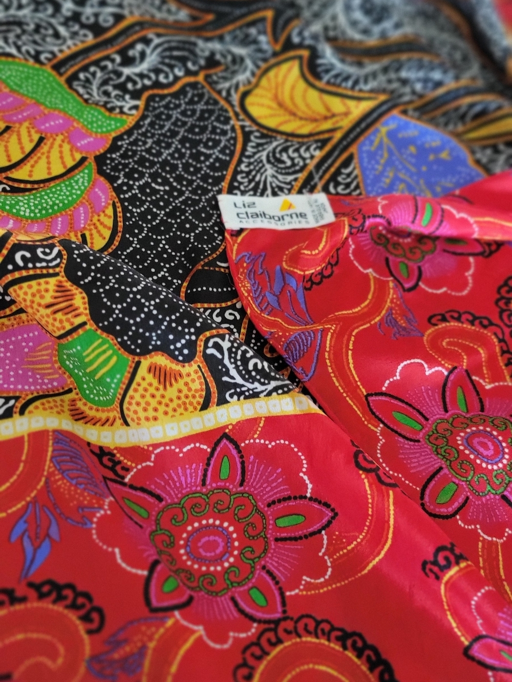 Liz Claiborne Red Floral Satin Scarf with Green and Purple Accents